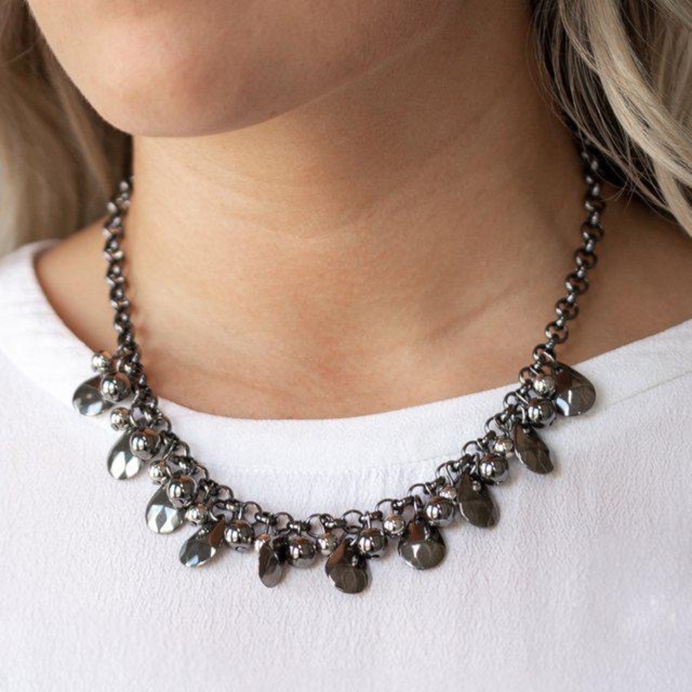 NWT Boutique Gunmetal Chrome Bead Goth Necklace & Earrings Fashion Jewelry